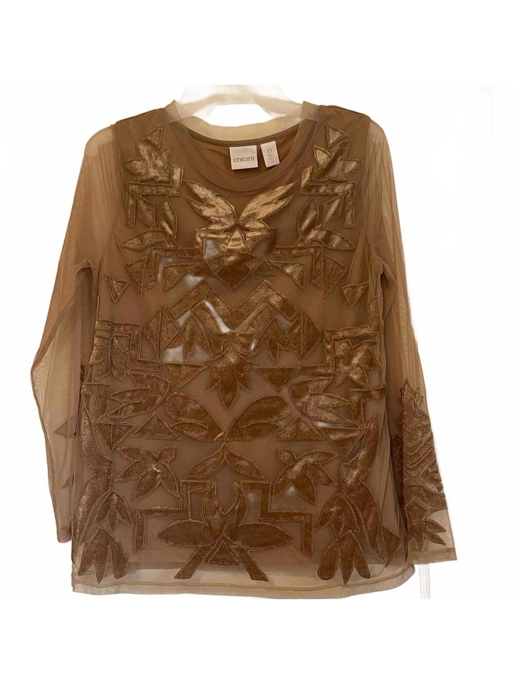 Chico's Sheer Brown Embroidered Blouse Boho Lightweight Top